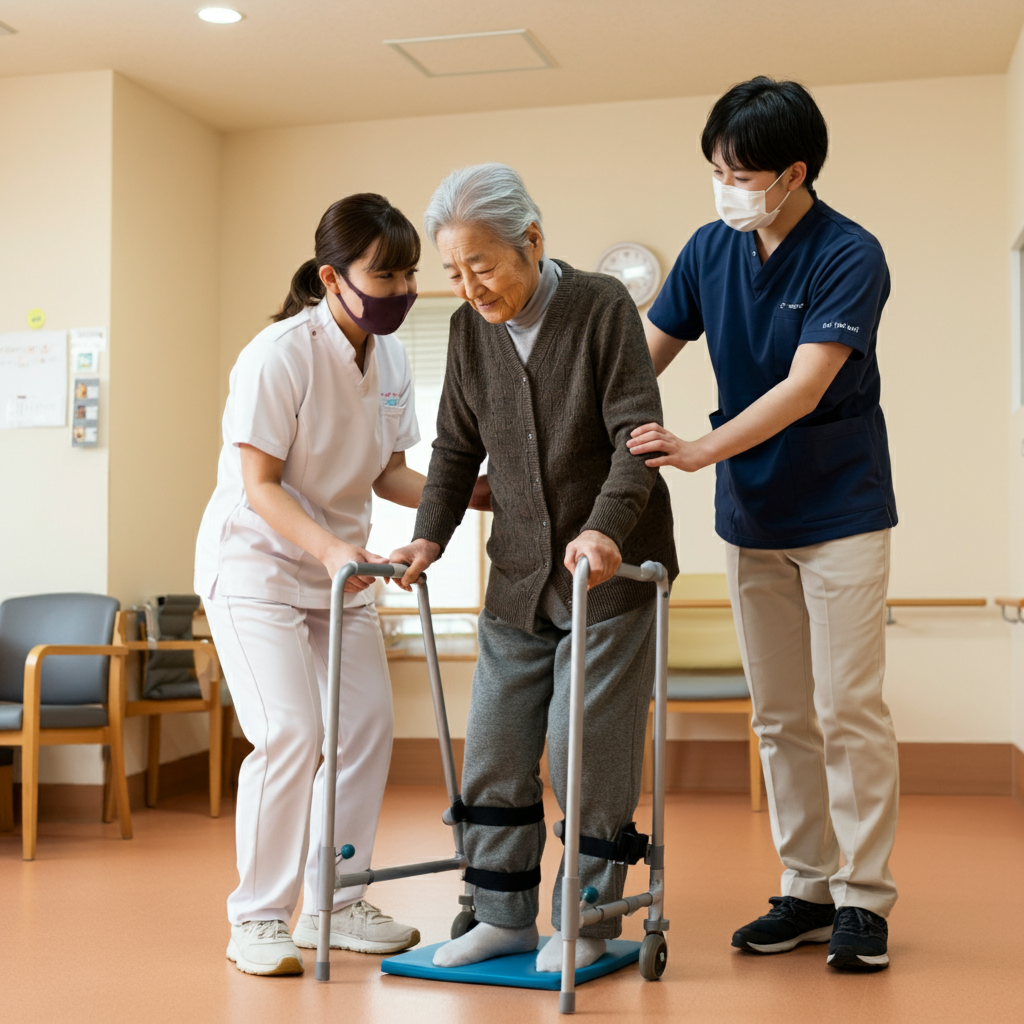 脳出血後のリハビリを受ける老人とフォローする医療従事者