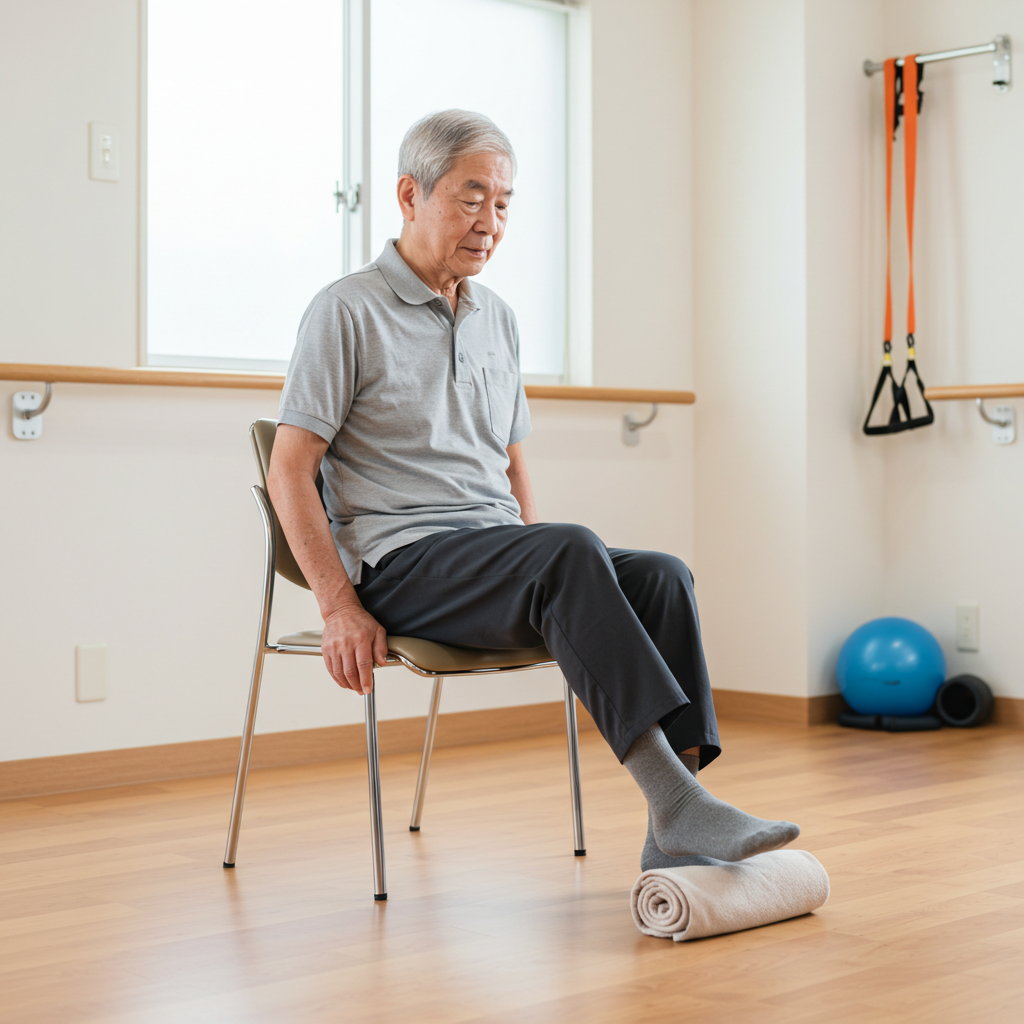 椅子に座ったまま足のトレーニングをする老人