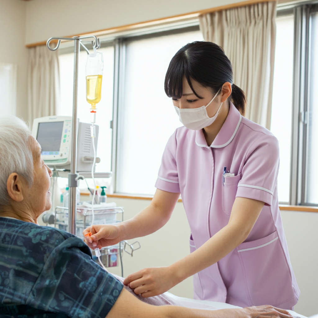 脳卒中治療のため幹細胞点滴をする看護師