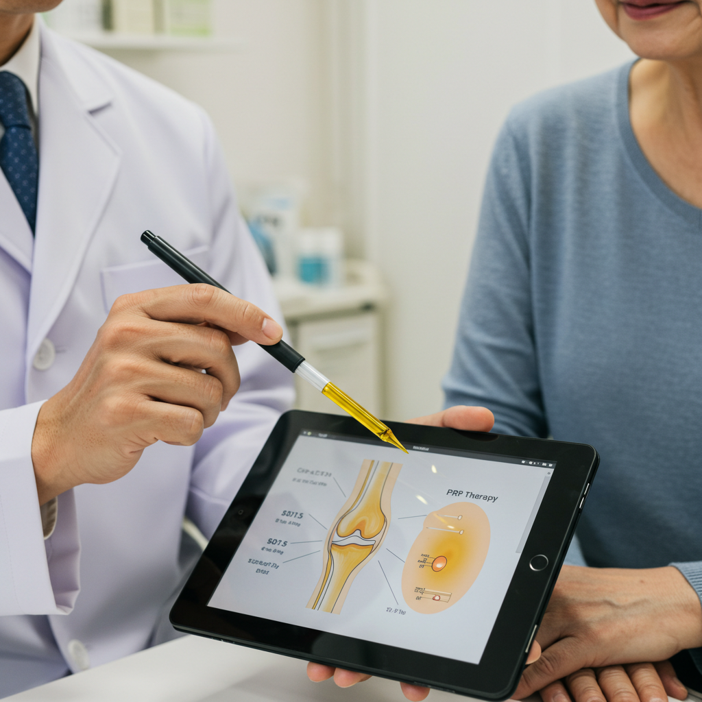 膝の再生医療について患者に説明する医師