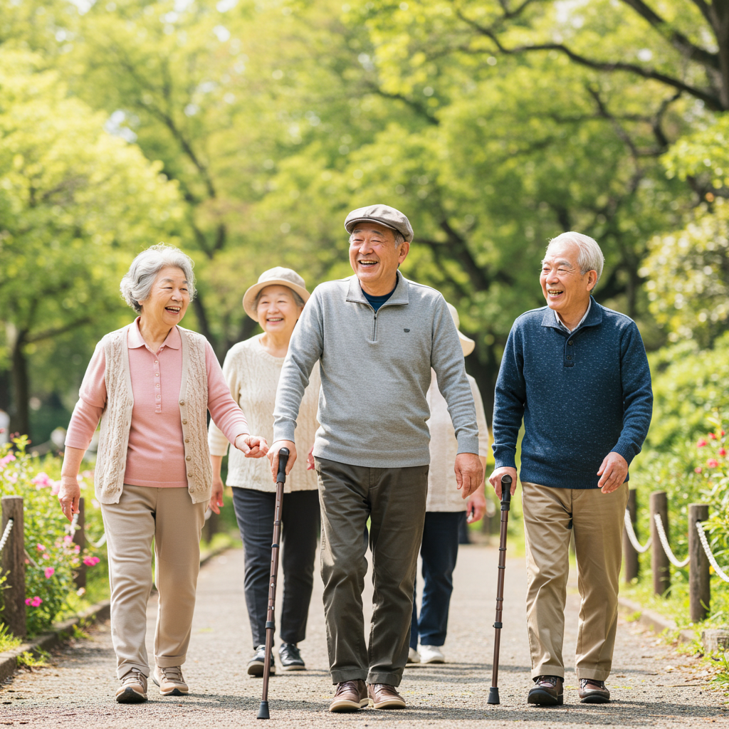 公園を元気に散歩する老人グループ